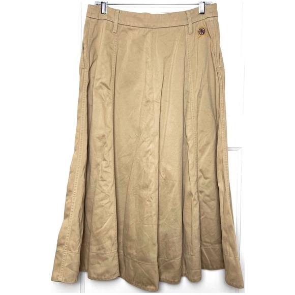 TOMMY HILFIGER Khaki Embroidered Crest Cotton Twill Pleated Chino Midi Skirt L - Picture 9 of 14